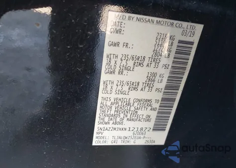 2019 Nissan Murano Sv z USA, uszkodzony, nr VIN 5N1AZ2MJXKN121872